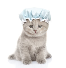 Aufkleber - Cute kitten with tiny shower cap on it head sits in front view and looks at camera. isolated on white background