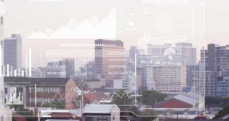 Poster - At dawn overlays fading in on skyline, sliding panels rearranging, visualizing city analytics data