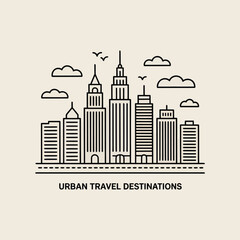 Aufkleber - Modern urban cityscape line art depicting skylines with buildings clouds and birds conceptualizing travel destinations and cityscapes in illustration style