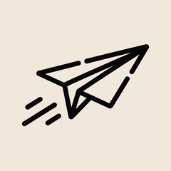 Aufkleber - Modern vector illustration of a black paper airplane icon flying to the right on a cream colored background symbolizing ideas and travel