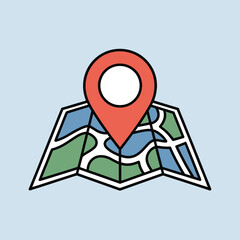Poster - Simple illustration of a location map with a red location pin above a green and blue land area on a light blue background suitable for navigation