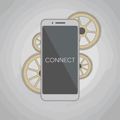 Fototapete - Smartphone interface illustration with gears representing technological connection and communication in a modern business context
