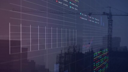 Poster - Faint grid fading in starting financial overlay animating curve, red and blue line graphs, ticker