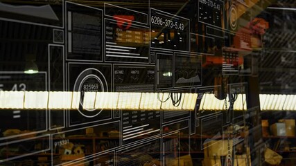 Poster - Translucent overlay appearing over workshop, panels updating, shifting, fading, visualizing data