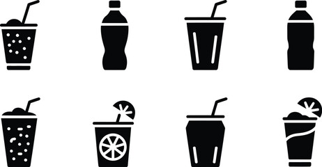 Poster - Eight black and white drink icons featuring beverages in bottles glasses and cans with straws and lemon