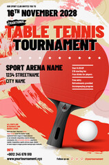 Wall Mural - table tennis tournament invitation flyer with ball, racket and sample text