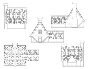 Poster - The image is a series of drawings of a house with a stone roof. The drawings are all in black and white and show different angles of the house. Scene is one of simplicity and elegance