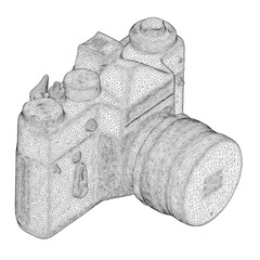 Poster - A camera is shown in a black and white drawing. The camera is old and worn, with a lens that appears to be cracked. Scene is one of nostalgia and longing for the past