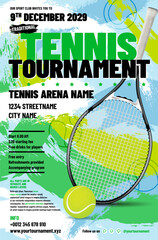 Wall Mural - tennis tournament invitation flyer with ball, racket and sample text