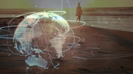 Poster - Hologram globe fading ashore tracing arcs as senior woman walking merging into tech network