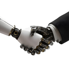 Aufkleber - Robotic White Arm Shaking Human Hand In Black Suit  Transparent Background Clipart, high resolution digital graphic illustration for web and print use with clean background perfect for ads