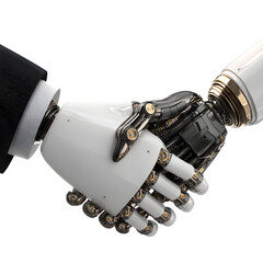 Aufkleber - Robotic White Arm Shaking Human Hand In Black Suit  Transparent Background Image, high resolution digital graphic illustration for web and print use with clean background perfect for ads