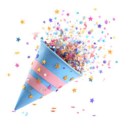 Poster - Party Popper Exploding With Confetti And Stars In 3d Clipart, high resolution digital graphic illustration for web and print use with clean background perfect for ads social media banners
