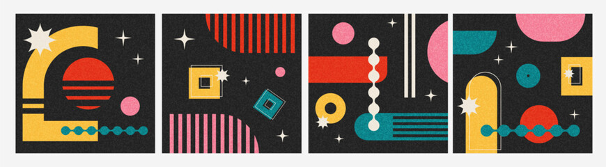 Aufkleber - Set of retro geometric cards with brutal shapes and forms, abstract old-fashioned design, bold composition. Vector illustration.