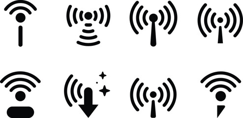 Poster - A collection of eight black and white wifi signal icons in various styles on a white background