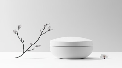 Poster - Minimalist White Container with Blossom Branch on Light Surface