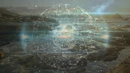 Poster - Holographic sphere fading, rotating over shoreline showing pulsing network visualizing connectivity