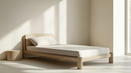 Poster - Minimalistic Wooden Bed Design in Bright Sunlit Room Interior