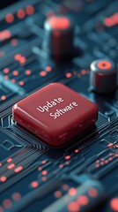 Poster - Red Update Software Button on Circuit Board Showing Cybersecurity Awareness Concept with Glowing Red Lights in Dark Environment