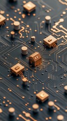 Poster - Intricate Circuit Board Design Showing Electronic Components and Orange Network Data Flow Illustrating Cybersecurity Awareness