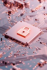 Poster - Electronic Circuit Board with Lock Symbolizing Cybersecurity Awareness, Illustrating Data Protection on Microchip, Abstract Secure Network, Vigilance Concept