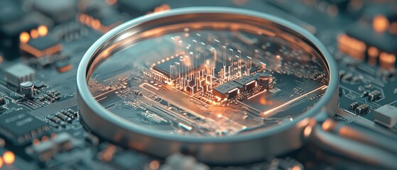 Poster - Magnifying glass focuses on a circuit board. Shining lights reveal electronic network for cybersecurity awareness on technology background.