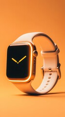 Poster - Wrist Device Displays Time Gold Trim White Band Sits on Orange Surface Featuring Cybersecurity Awareness Concept