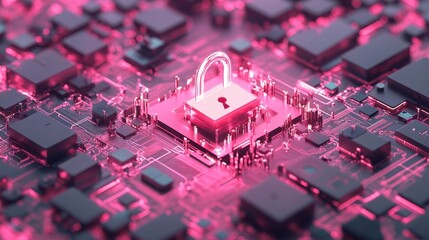 Poster - Glowing Padlock Secures Computer Chip, Signifying Cybersecurity Awareness on Intricate Network of Circuits and Electronic Components in Purple Hue