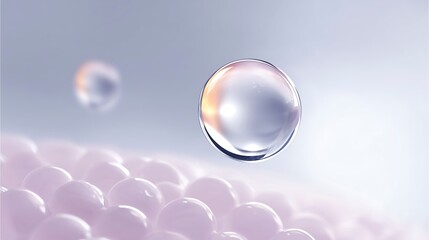 Poster - Close-up of translucent water droplets suspended above a soft, textured surface, creating a serene and calming atmosphere with gentle light reflections and a dreamy background