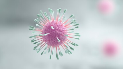 Poster - 3D illustration of a virus with colorful spikes, showcasing intricate details and textures against a soft blurred background with copy space for design