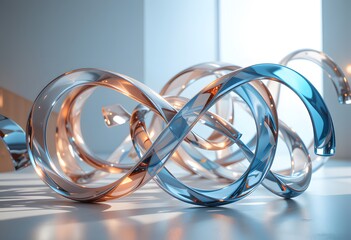 Poster - Abstract Glass Ribbons, Metal Intertwining Shapes, A Modern Design. Reflective Textures Create Visual Interest, Offering A Sense Of Fluidity And Light. Simple Background Enhances The Forms.