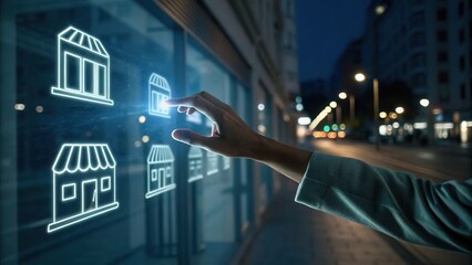 Poster - A hand interacts with virtual storefront icons on a digital display in a city at night.
