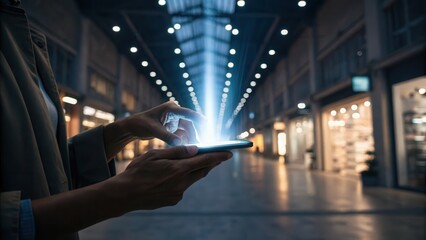Fototapete - A person uses a smartphone in a modern indoor setting, with bright rays of light emerging from the device.