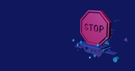 Poster - Pink stop road sign on a pedestal of abstract geometric shapes floating in the air. Abstract concept art with flying shapes on the right. 3d illustration on indigo background