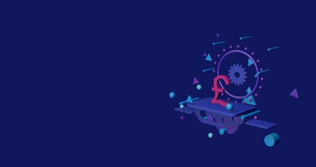 Poster - Pink pound symbol on a pedestal of abstract geometric shapes floating in the air. Abstract concept art with flying shapes on the right. 3d illustration on indigo background