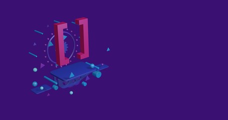 Poster - Pink square brackets symbol on a pedestal of abstract geometric shapes floating in the air. Abstract concept art with flying shapes on the left. 3d illustration on deep purple background