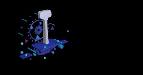 Poster - White mallet symbol on a pedestal of abstract geometric shapes floating in the air. Abstract concept art with flying shapes on the left. 3d illustration on black background