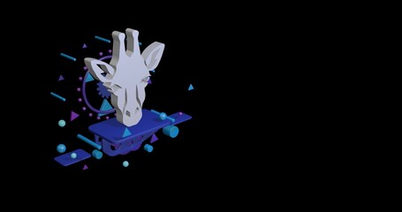 Poster - White giraffe head symbol on a pedestal of abstract geometric shapes floating in the air. Abstract concept art with flying shapes on the left. 3d illustration on black background