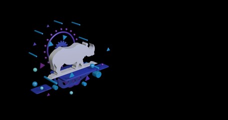 Poster - White wild rhino symbol on a pedestal of abstract geometric shapes floating in the air. Abstract concept art with flying shapes on the left. 3d illustration on black background