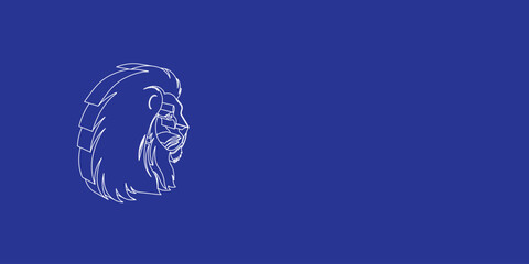 Poster - The outline of a large lion head icon made of white lines on the left. 3D view of the object in perspective. Vector illustration on indigo background
