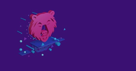 Poster - Pink bear head symbol on a pedestal of abstract geometric shapes floating in the air. Abstract concept art with flying shapes on the left. 3d illustration on deep purple background