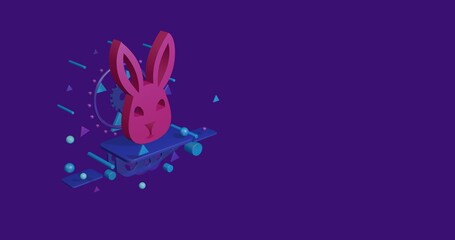 Poster - Pink cute hare head symbol on a pedestal of abstract geometric shapes floating in the air. Abstract concept art with flying shapes on the left. 3d illustration on deep purple background