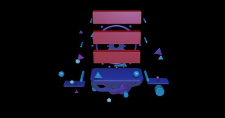 Poster - Red identity symbol on a pedestal of abstract geometric shapes floating in the air. Abstract concept art with flying shapes in the center. 3d illustration on black background