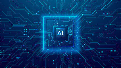 Fototapete - AI microchip on blue digital circuit board. Modern technology background. AI innovation concept. Artificial 3D semiconductor detailed electronics components. PCB light blue vector layout illustration