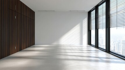 Poster - Modern empty office space with large windows, city view, wooden wall panels, and natural sunlight streaming inside.