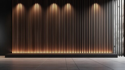 Poster - A modern interior wall with vertical wooden slats and warm, ambient lighting from above and below.
