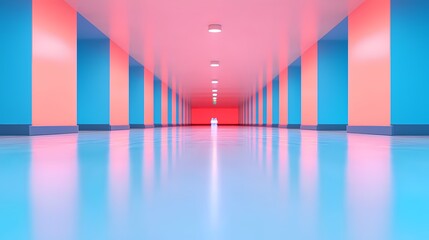 Abstract perspective of a long corridor with pink and blue walls and a reflective floor.  Concept of choice, path, future, journey, endless possibilities.