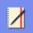 © Sakura - A close-up of a spiral notebook with a pen resting on it against a blue background