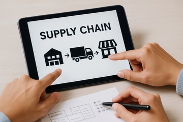 Poster - Digital Tablet Displaying Supply Chain Concept with Icons of Warehouse, Truck, and Store