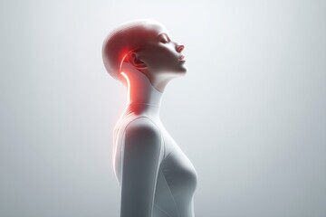 Poster - Futuristic female AI robot standing in profile with a bright glow highlighting the neck, an innovative concept for artificial intelligence and technology advancement.